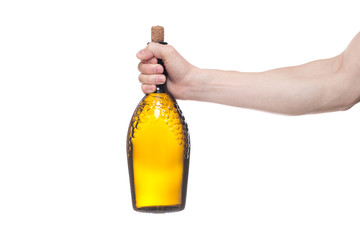 Man holding bottle with delicious wine on white background