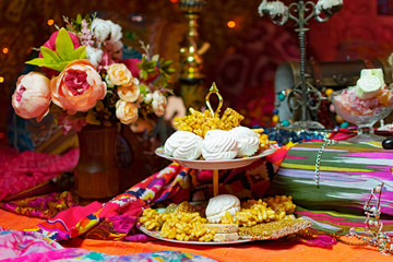 Oriental style with fruit, candy and box