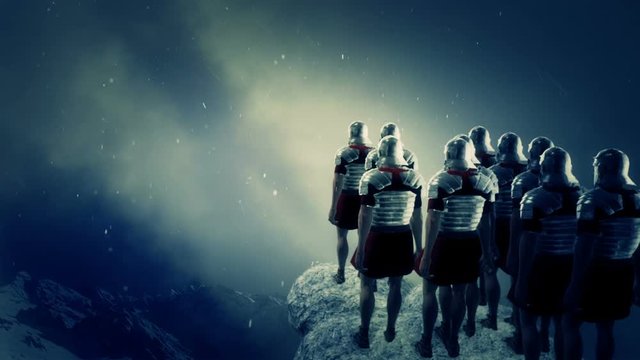 Imperial Roman Soldiers Looking at a Battlefield Under Snow