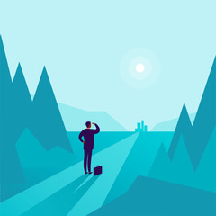 Obraz premium Business concept illustration with businessman standing at forest edge and watching on horizon city. Metaphor for new aims, goals, purpose, achievements and aspirations, motivation, overcoming.