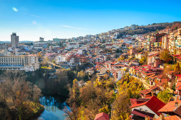 Aerial view of  Veliko Tarnovo in a beautiful autumn day, Bulgaria