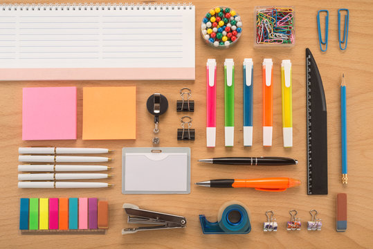   School office supplies on a desk 