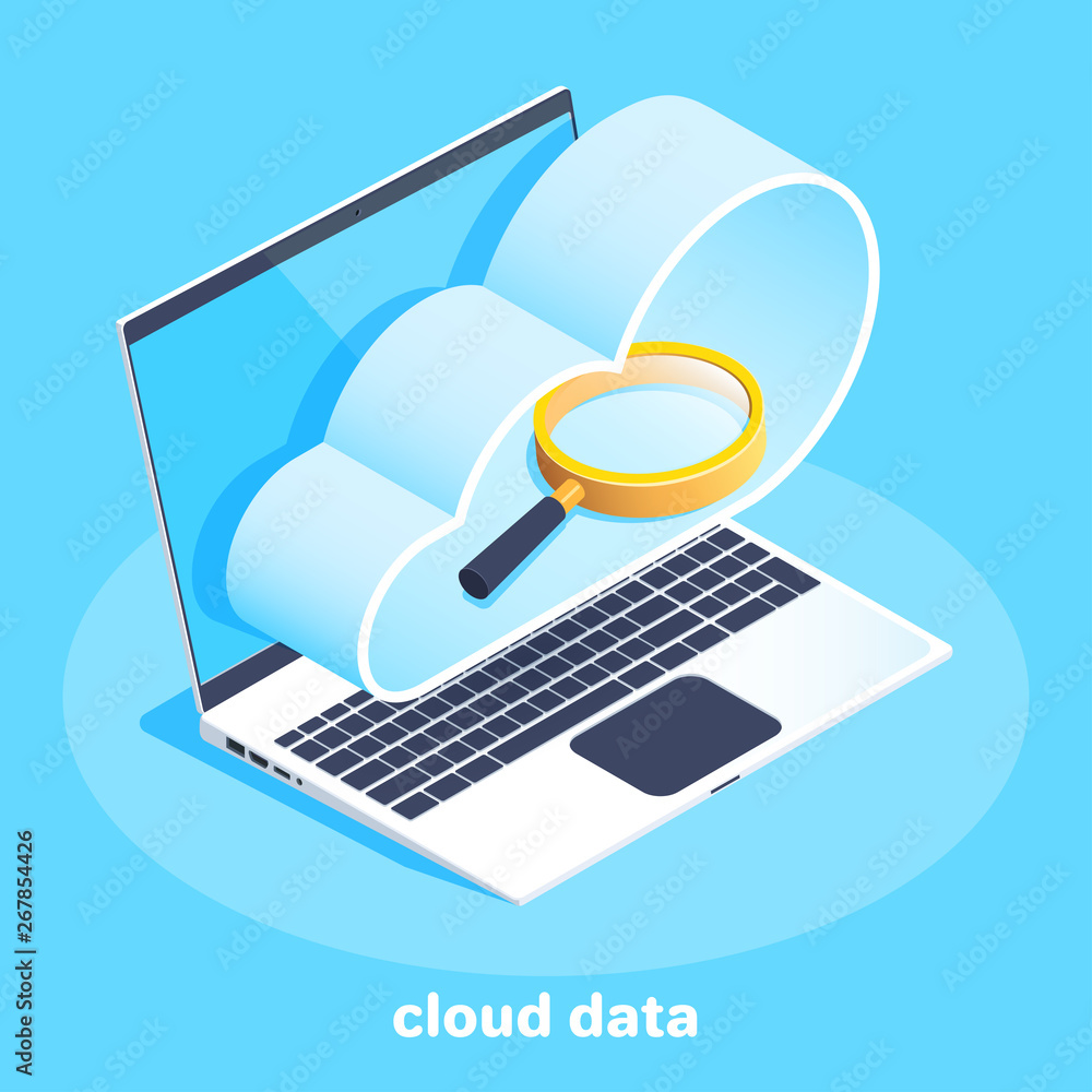 Poster isometric vector image on a blue background, business laptop with a cloud on the screen and a magnif