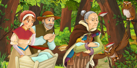 Obraz na płótnie Canvas cartoon scene with happy old woman witch sorceress and parents in the forest encountering pair of owls flying - illustration for children