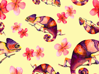 Watercolor pattern with bright chameleons and delicate pink flowers. Tropical background for textiles, packaging, Wallpapers and original design ideas.