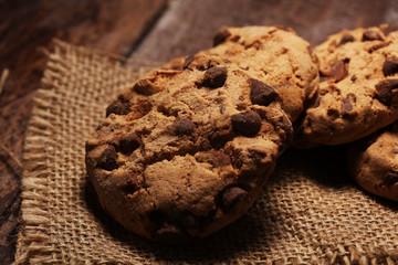 Chocolate cookies on wooden table. Chocolate chip cookies shot very delicious