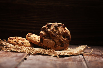 Chocolate cookies on wooden table. Chocolate chip cookies shot very delicious