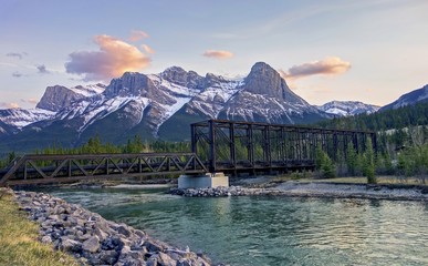 Historic Engine Bridge, a Steel Truss Pedestrian Footbridge, over Bow River in Canmore with...