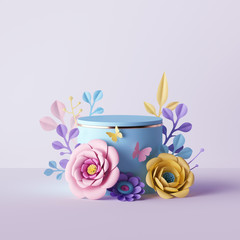 3d render, botanical background, cylinder pedestal decorated with pink yellow paper flowers, blank cosmetics store showcase stand, fashion background, pastel colors, presentation template, mockup
