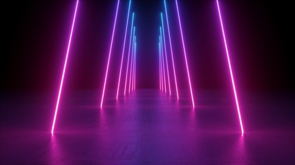 3d render, neon light rods, pink and blue vertical lines, tunnel in virtual reality, corridor, ultraviolet abstract background, laser show stage, fashion catwalk podium, road, way, floor reflection