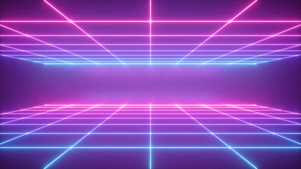 3d render, abstract neon background, virtual reality space, pink blue grid in ultraviolet spectrum, chart field, frontal perspective view - obrazy, fototapety, plakaty
