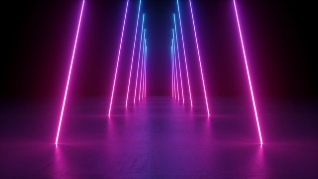 3d render, neon light rods, pink and blue vertical lines, tunnel in virtual reality, corridor, ultraviolet abstract background, laser show stage, fashion catwalk podium, road, way, floor reflection