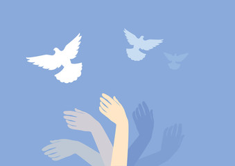 Dreamy background with hands and doves vector. Hands in motion vector. Surreal background. Dreaming hand with dove illustration