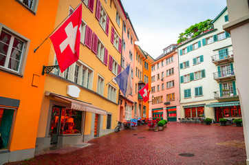 Beautiful cozy street in the city center of Zurich, Switzerland