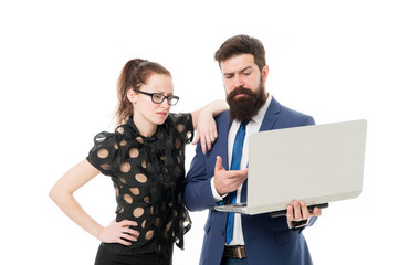 Business consultation. Experienced financial expert with laptop. Man and woman consulting business. B2B consulting. Marketing team concept. Partnership and cooperation. Consulting and promotion