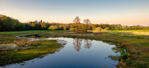 Fototapeta premium Calm river along a walking trail in a Dutch farm landscape during sunset. It is located near the small neighbourhood called Tusveld, near the town of Almelo in the Eastern Netherlands.