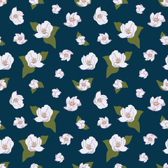 Vector floral seamless pattern, delicate rose flowers and twigs with leaves. Blue background