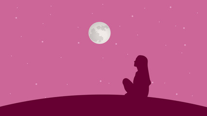 Girl silhouette on the pink starry sky background vector design