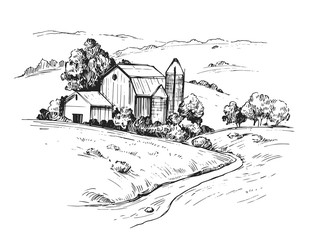 Rural landscape with farm. Hand drawn illustration converted to vector