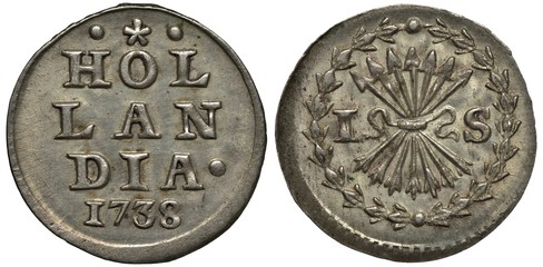 The Netherlands Dutch Province of Holland silver coin 1 stuiver (or broom) 1738, text and date, bundle of arrows divides value within wreath,