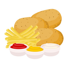 Potatoes. vector illustration. Set of whole, sliced, half and French fries potatoes. with sauces - ketchup, mayonnaise, mustard