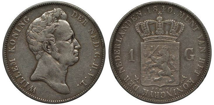 The Netherlands Dutch silver coin 1 one gulden 1840, head of King Willem right, crowned shield with crowned lion holding sword and bunch of arrows divides denomination, 