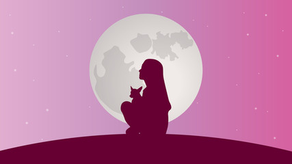 Girl with dog on the pink starry sky background vector design