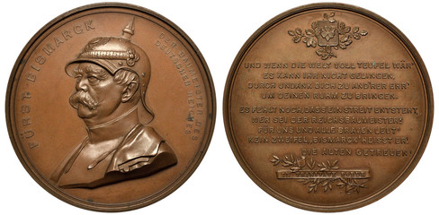 Germany German bronze medal 1897, subject Chancellor Bismarck as creator of German State, bust of Bismarck in pickelhaube 3/4th left, text in German, - obrazy, fototapety, plakaty