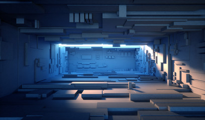 3d render, daylight inside empty dark room with concrete walls, abstract futuristic background