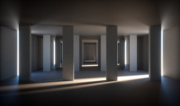 3d render, empty dark room with concrete walls and columns, abstract background, daylight rays inside urban compartment
