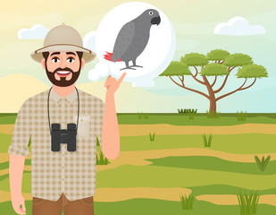 Happy man in a cork hat, an animal hunter thinks of an African Jaco parrot, safari landscape, umbrella acacia, African countryside, vector illustration