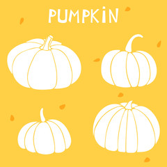 Vector set with pumpkins. White silhouette of gourd on an orange backdrop.