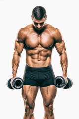 Fototapeta na wymiar Handsome Bodybuilder Lifting Weights. Execising With Dumbbells, Performing Dumbbell Biceps Curls