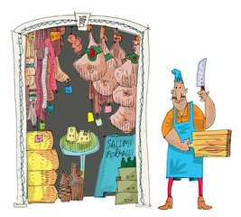 A traditional italian food  store full of sausages, bacon, cheese and others tradition delicious. A facade of a vintage grocery shop. Caricature. Cartoon.