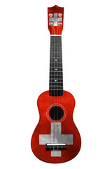 Hawaiian national guitar, ukulele, with a painted Switzerland flag, on a white isolated background, as a symbol of folk art or a national song.