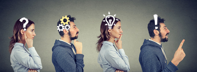 Thoughtful man and woman thinking solving together a common problem - obrazy, fototapety, plakaty