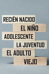 A list of wooden blocks lying on top of each other with a list of the stages of growing up a person in Spanish, in the translation of the word: newborn, child, teenager, young, adult, elderly