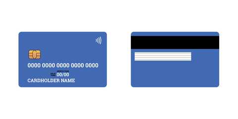 Bank plastic credit or debit contactless smart charge card front and back sides with EMV chip and magnetic stripe. Blank design template mockup. Vector blue illustration