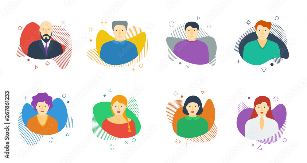 Aufkleber man woman avatar set on dynamic modern liquid element graphic gradient flat style design fluid vecto