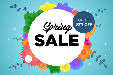 Spring sale offer promotion banner with beautiful colorful flower. Special discounts mockup. Poster for promotions, magazines, advertising, web sites. Vector greeting illustration template