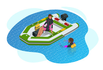 Isometric inflatable boat. A modern inflatable boat with rigid wooden floorboards, a transom and an inflatable keel, powered by an electric trolling motor.