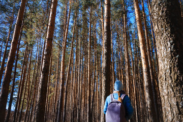 Back view young woman with backpack in the forest