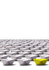 Fototapeta premium Paper boats alone in Indian queue, white background. Concept of unity and teamwork.
