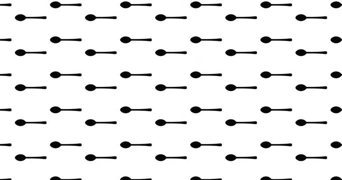Spoons background video clip motion  backdrop kitchen icon video in a seamless repeating loop.  Black & white food & restaurant themed spoon icon pattern background high definition motion video