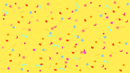 colorful simple party confetti flying on yellow background, star ribbon confetti glitter on yellow, geometric stars ribbons explosion for invitation card new year, christmas, anniversary celebration