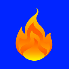 flame, fireball isolated on blue background, fire burn symbol, flames icon, flaming logo, bonfire blaze illustration, icon fireball flat for info graphic design, hot symbol for website