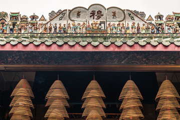 Hong Kong, China - March 8, 2019: Tung Shan Temple in Wing Ping Tsuen Neighborhood. Closeup of top...