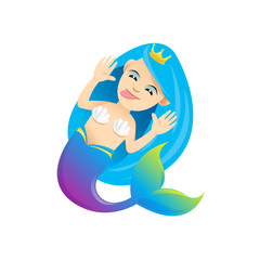 Obraz na płótnie Canvas mermaid cartoon character cute isolated on white background, beautiful mermaid cartoon characters cute, clip art mermaid blue lovely and funny, clipart mermaid mascot cartoon purple blue