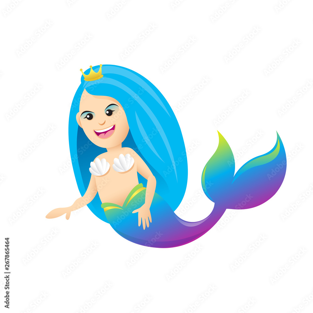 Wall mural mermaid cartoon character cute isolated on white background, beautiful mermaid cartoon characters cu