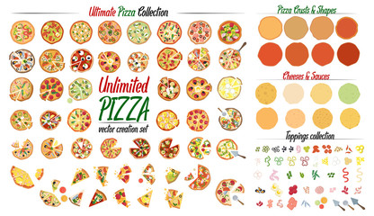 Zestaw kolekcja Ultimate Pizza. Stwórz własną pizzę z 50 różnymi wzorami pizzy i mnóstwem dodatków. Ilustracje wektorowe - 267865474
